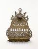 Hanukkah lamp adorned with row of arched pointed windows, and birds