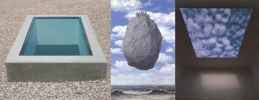 מימין: ג'יימס טורל, "החלל הרואה", 1890; רנה מגריט, "טירת הפירנאים", שמן על בד, 1959; מיכה אולמן, "יום השוויון", 2005–2009
